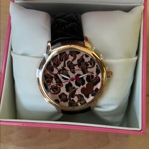 Betsey Johnson Rose Gold Leopard Dial Watch with Black Strap